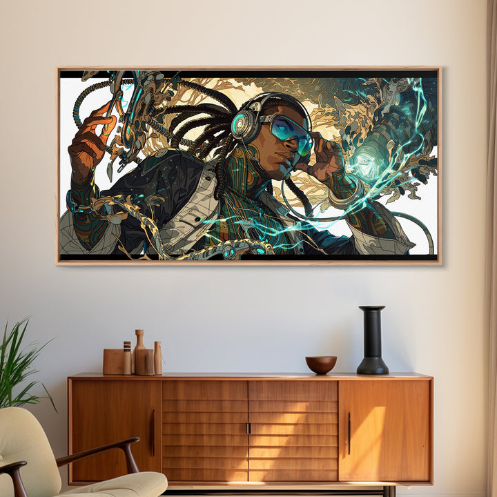 Afrofuturist Black Woman With Headphones Framed Canvas Print, Sci Fi Portrait, Afrocentric Wall Art, Digital Art Decor Gift