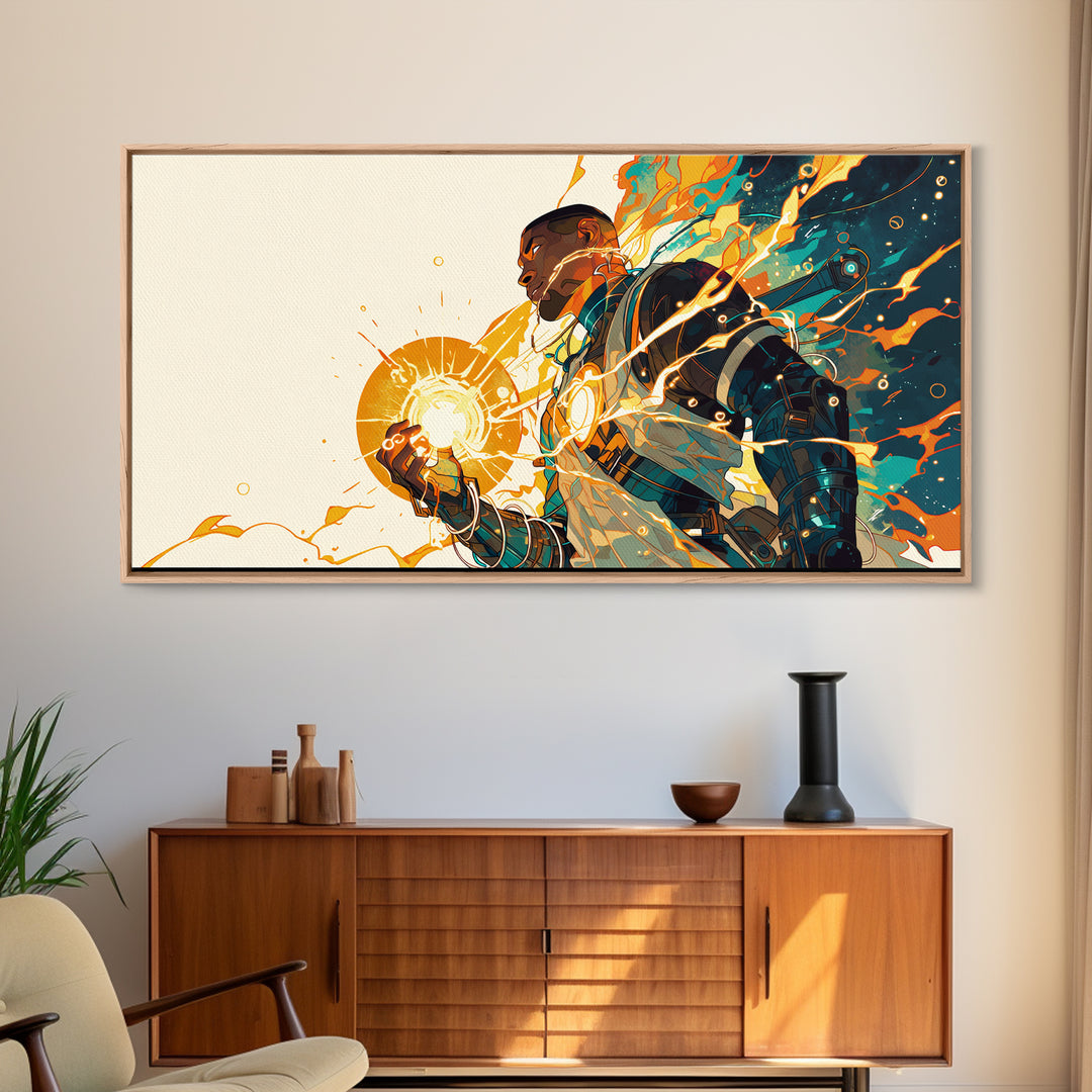 Black Futuristic Warrior Holding Sun Canvas Print, Afrofuturism Decor, Modern African Art, Teal Orange Wall Art Gift For Him