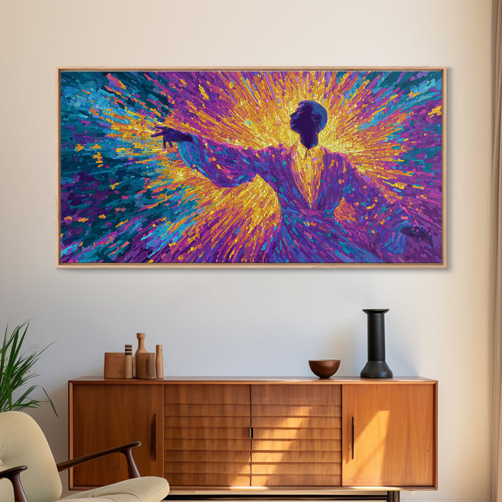 Radiant Purple Robed Dancer In Color Burst Wall Art, Black Culture Art, Vibrant Afrocentric Canvas Print, Home Decor Gift