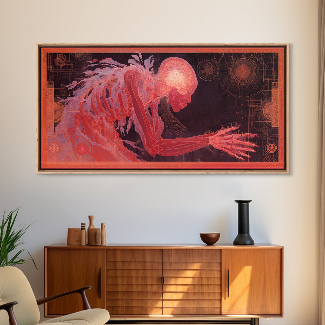 Pink Cybernetic Spirit Skeleton Framed Canvas Print, Futuristic Sci Fi Anatomy Wall Art, Mystical Afrocentric Decor Gift