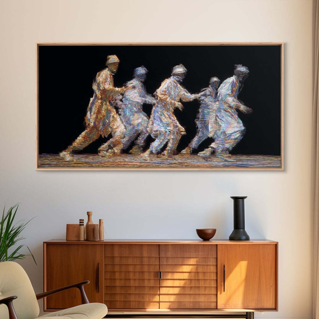 Five Glowing Figures Running On Black Canvas Print, Abstract Motion Wall Art, African Diaspora Art, Modern Home Decor Gift
