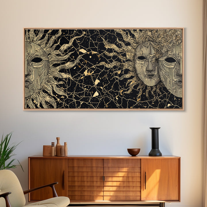 Golden African Masks On Black Abstract Wall Art, Tribal Mask Canvas Print, African Decor, Cultural Home Decor Gift, Statement Piece