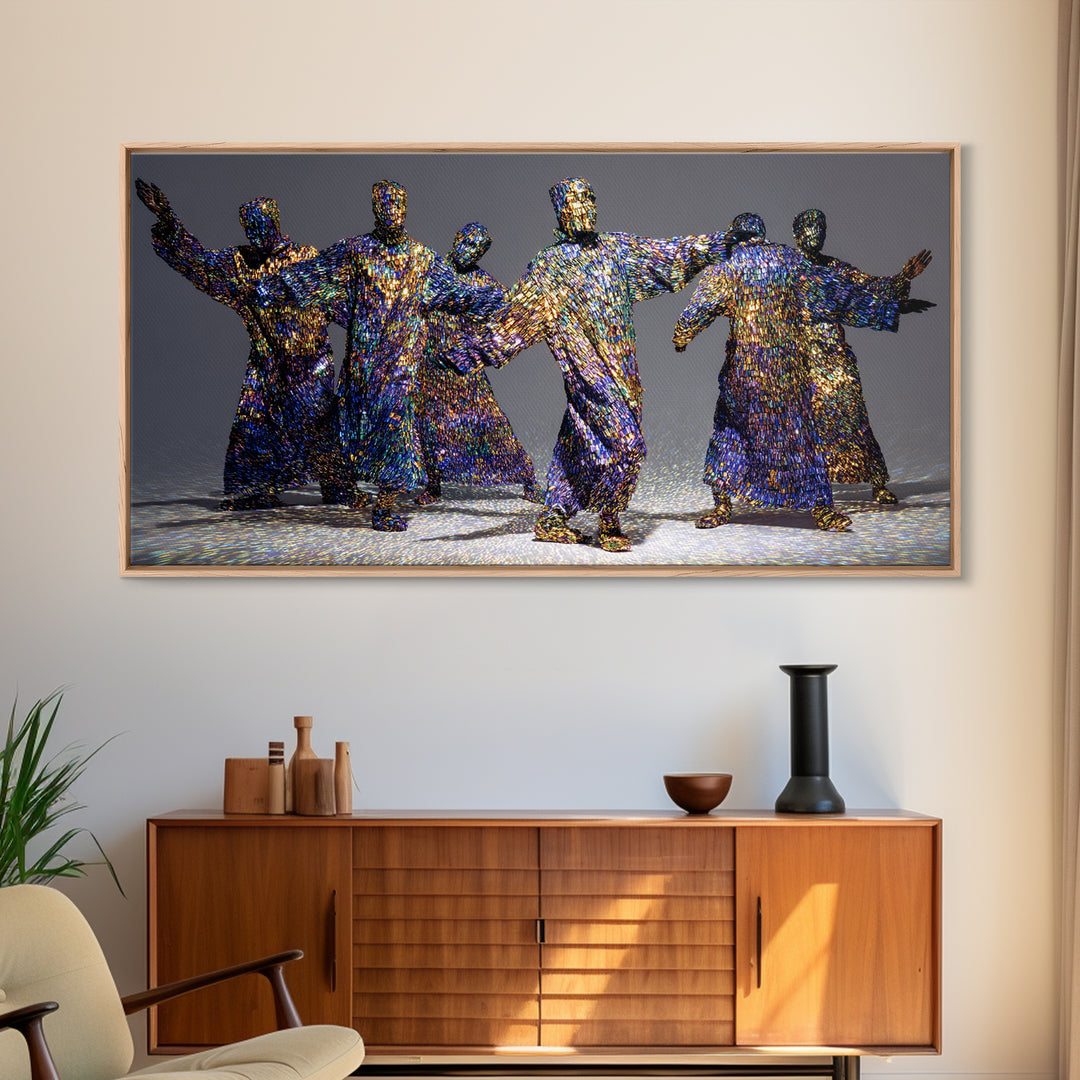 Shimmering Abstract African Figures Dancing Framed Canvas Print, Gold Black Art, Contemporary Afrocentric Wall Decor, Luxury Canvas Art