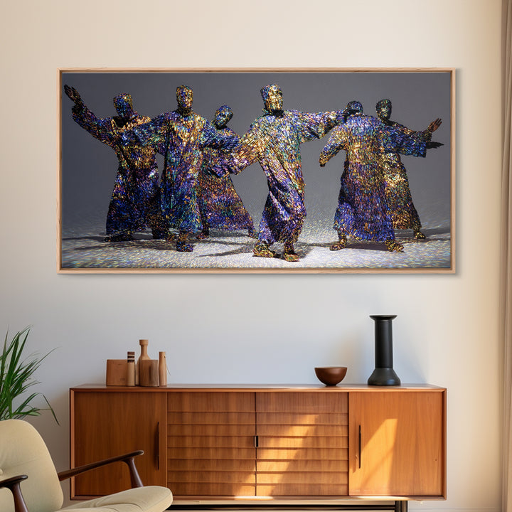 Shimmering Abstract African Figures Dancing Framed Canvas Print, Gold Black Art, Contemporary Afrocentric Wall Decor, Luxury Canvas Art