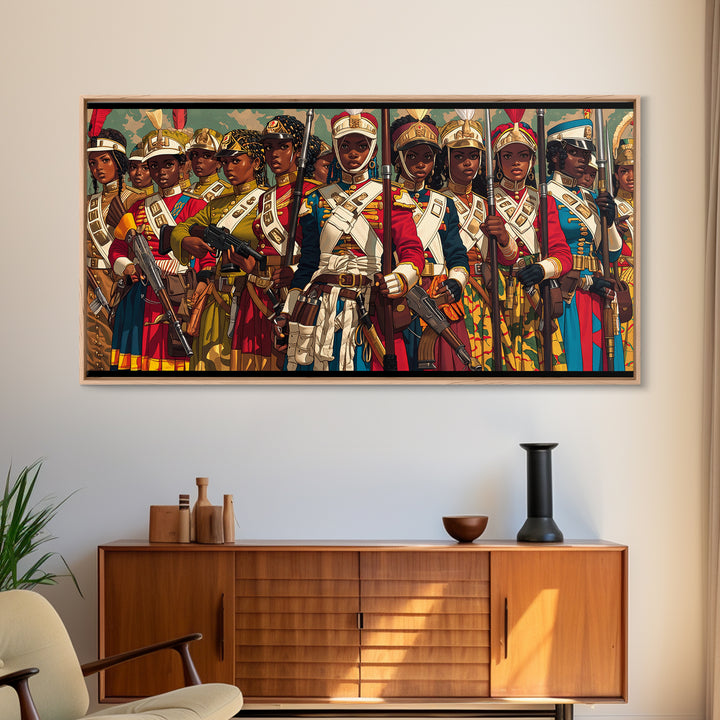 Regal African Women Warriors In Uniform Wall Art, African Women Art, Royal Tribal Decor, Black Female Canvas Print For Home Decor