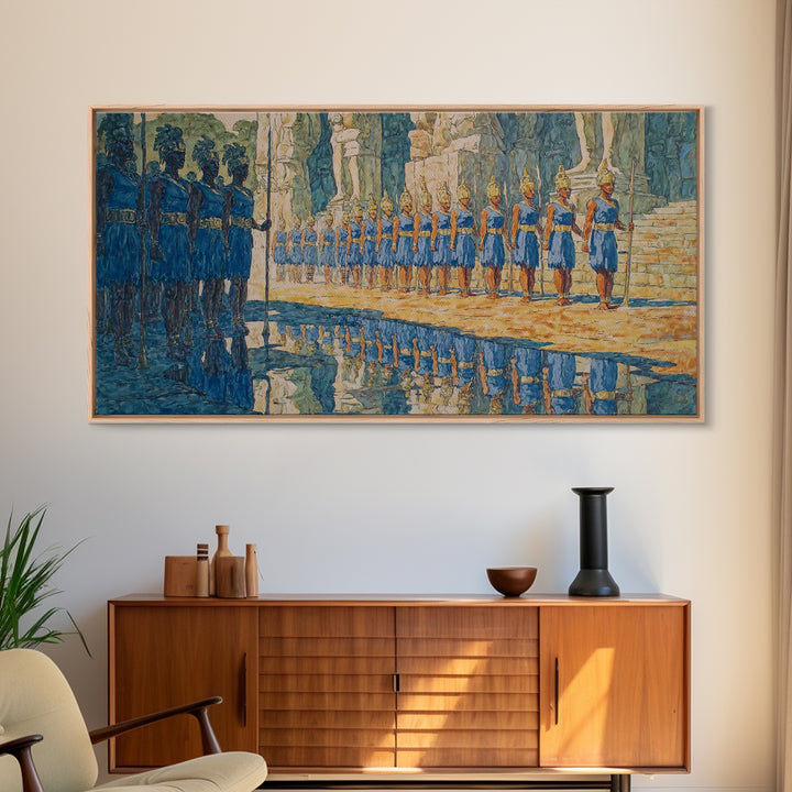 Blue Palace Guard Procession Canvas Print, African Warrior Art, Royal Cultural Wall Decor, Statement Living Room Artwork