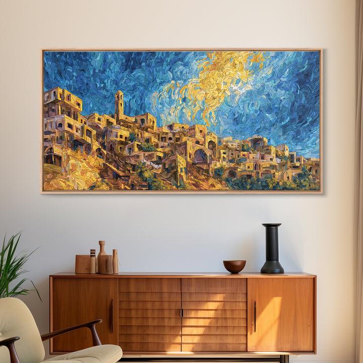 Swirling Sky Desert Village Framed Canvas Print, African Landscape Wall Art, Dreamy Blue Gold Home Decor, Unique Gift Idea