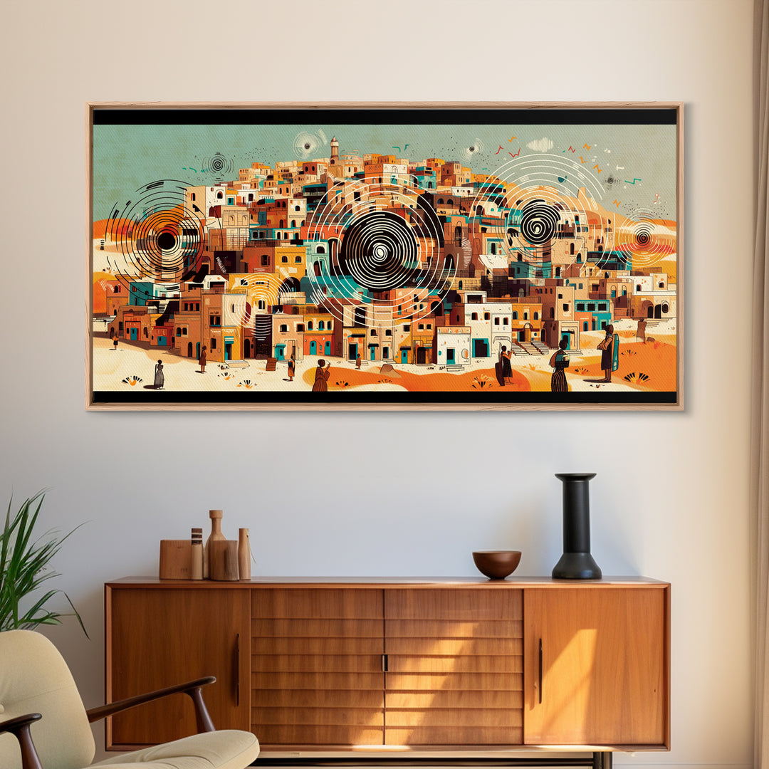 Panoramic Desert City With Circular Motifs Canvas Print, African Landscape, Modern Wall Art, Terracotta Home Decor Gift For Him