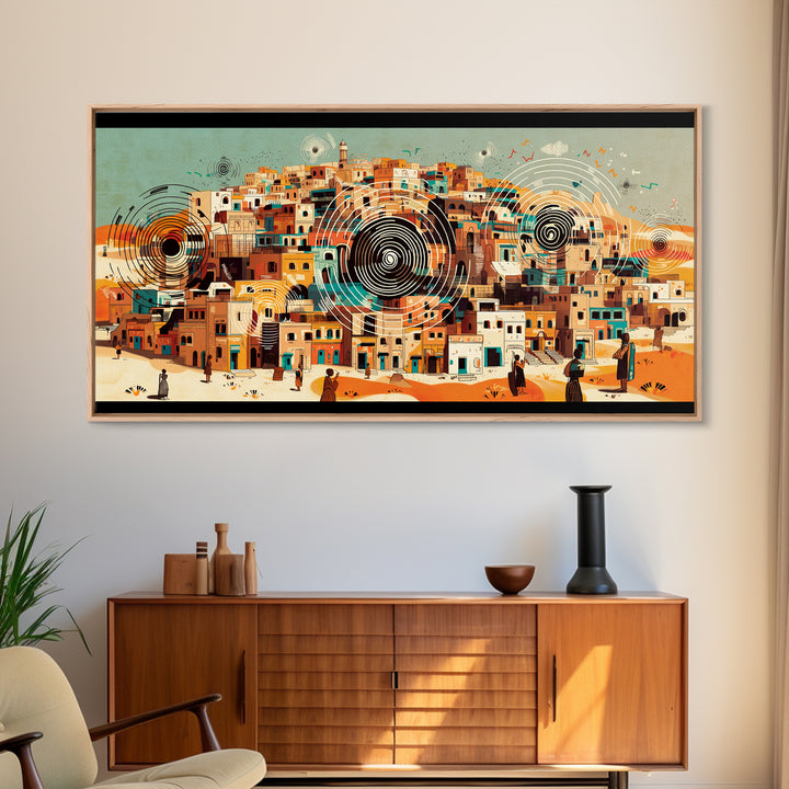Panoramic Desert City With Circular Motifs Canvas Print, African Landscape, Modern Wall Art, Terracotta Home Decor Gift For Him
