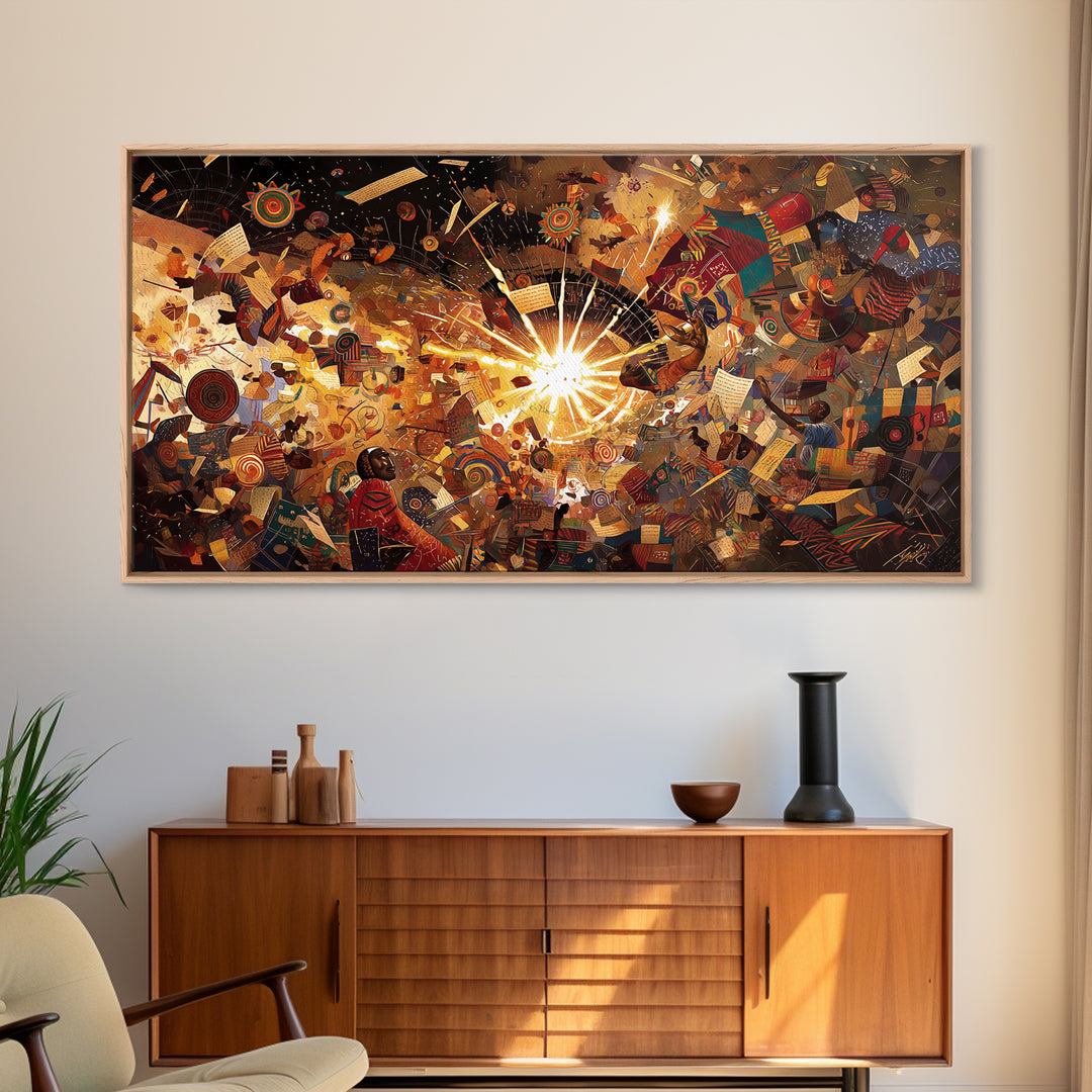Radiant African Fabric Collage Wall Art, Abstract Tribal Patterns, Colorful Afrocentric Decor, Modern Cultural Art Print