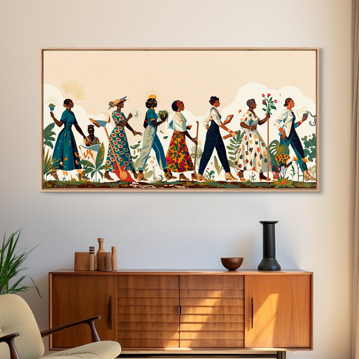 Elegant African Women Procession Wall Art, Floral Ankara Dresses, Feminine Afrocentric Decor, Black Woman Art Gift For Her