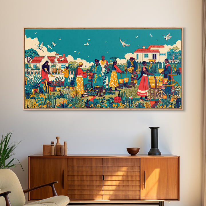 Joyful African Village Garden Canvas Print, Black Women Community Scene, Colorful Afrocentric Wall Decor, Housewarming Gift