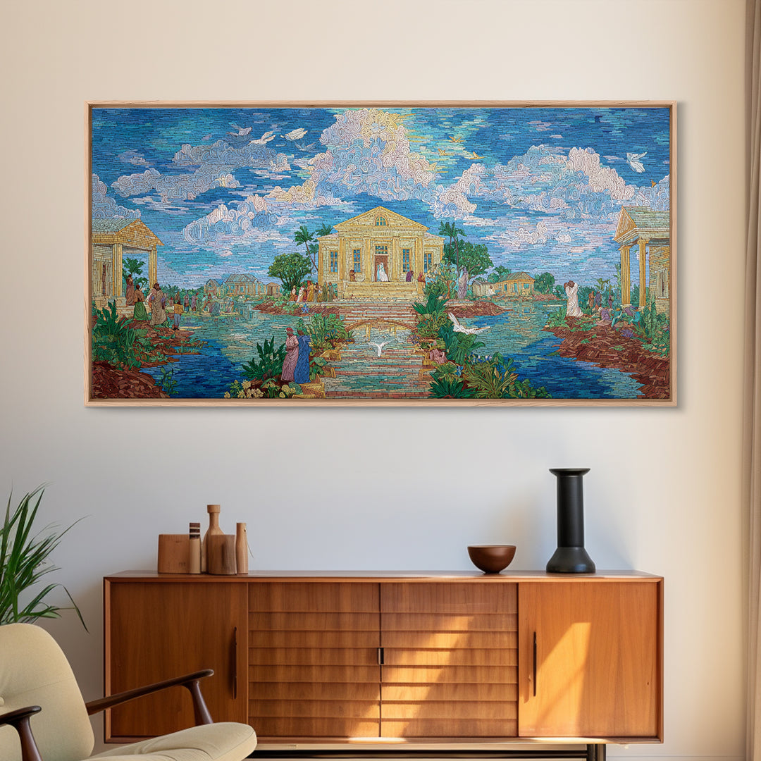 Dreamy Temple Lake Landscape Wall Art, Blue Impressionist Nature Scene, Spiritual African Inspired Decor, Elegant Home Gift
