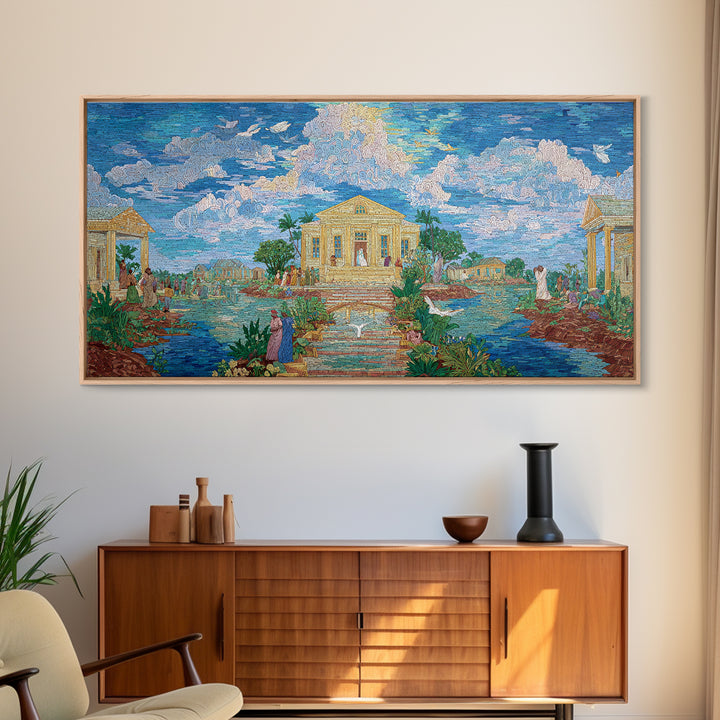Dreamy Temple Lake Landscape Wall Art, Blue Impressionist Nature Scene, Spiritual African Inspired Decor, Elegant Home Gift