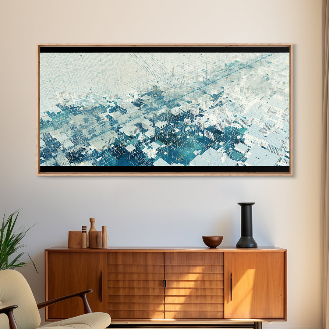 Abstract Blue City Grid Canvas Print, Minimalist Digital Landscape, Modern Wall Art, Cool Geometric Office Decor Art Gift