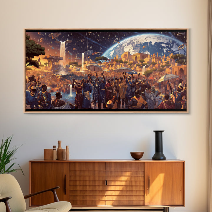 Afrofuturist African City Celebration Framed Canvas Print, Black Culture Art, Afrocentric Wall Art, Bold Home Decor, Statement Piece