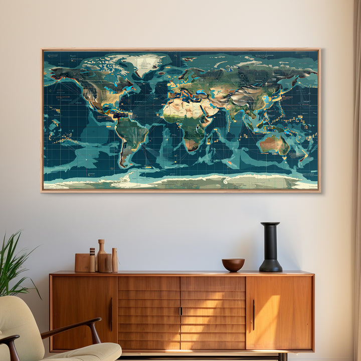 Teal Illustrated World Map Wall Art, Digital Art, Office Decor, Modern Wall Decor, Large Canvas Wall Art, Gift For Travelers