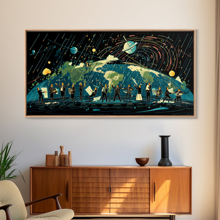 Cosmic Orchestra Over Earth Canvas Print, Digital Art, Modern Wall Art, Music Room Decor, Unique Canvas Art, Gift For Him