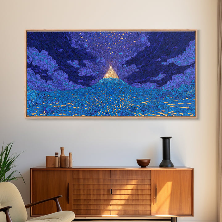 Glowing Golden Pyramid Over Blue Sea Wall Art, Mystical Wall Art, Spiritual Wall Decor, Dreamy Wall Art, Unique Home Decor