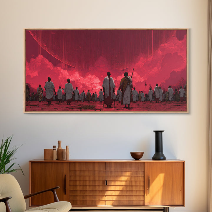 Red Dystopian Pilgrimage Landscape Framed Canvas Print, African Inspired Wall Art, Cultural Art, Bold Living Room Decor, Gift