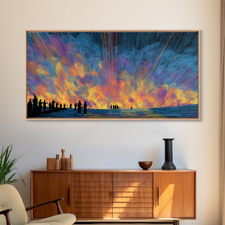 Cosmic Sunset Figures By The Sea Canvas Print, Colorful Wall Decor, Modern Abstract Art, Statement Wall Art, Unique Gift