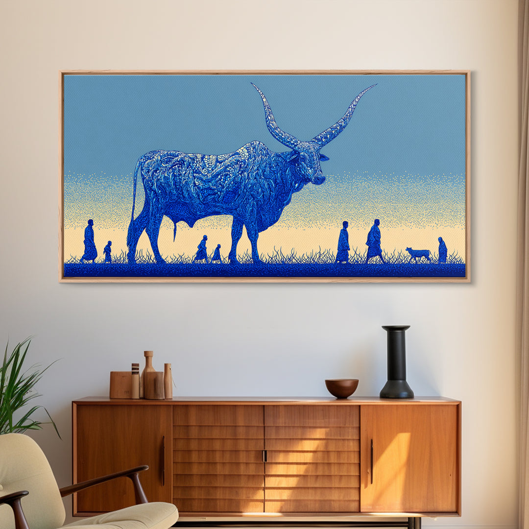 Giant Blue Longhorn Cattle Wall Art, African Animal Art Canvas Print, Safari Decor, Statement Living Room Wall Decor Gift