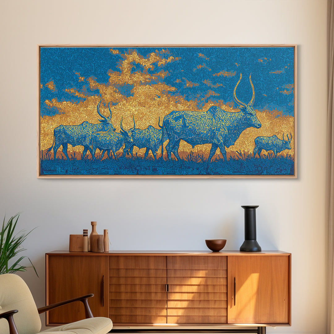Blue And Gold Watusi Herd Wall Art, African Safari Art Canvas Print, Savanna Landscape, Colorful African Wall Decor Gift