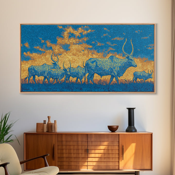 Blue And Gold Watusi Herd Wall Art, African Safari Art Canvas Print, Savanna Landscape, Colorful African Wall Decor Gift