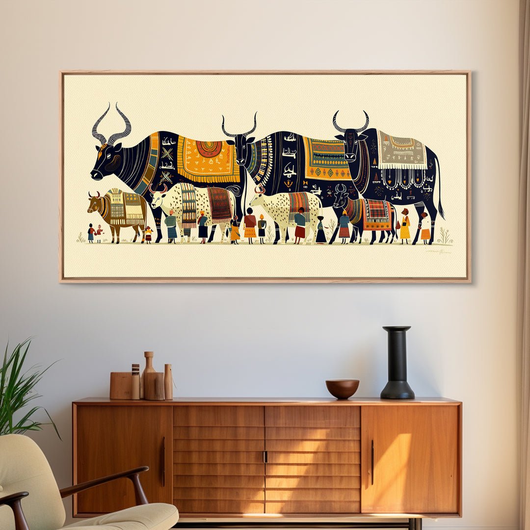 Patterned Watusi Cattle Parade Wall Art, African Fabric Canvas Print, Ankara Decor, Cultural Home Decor Unique Gift For Her