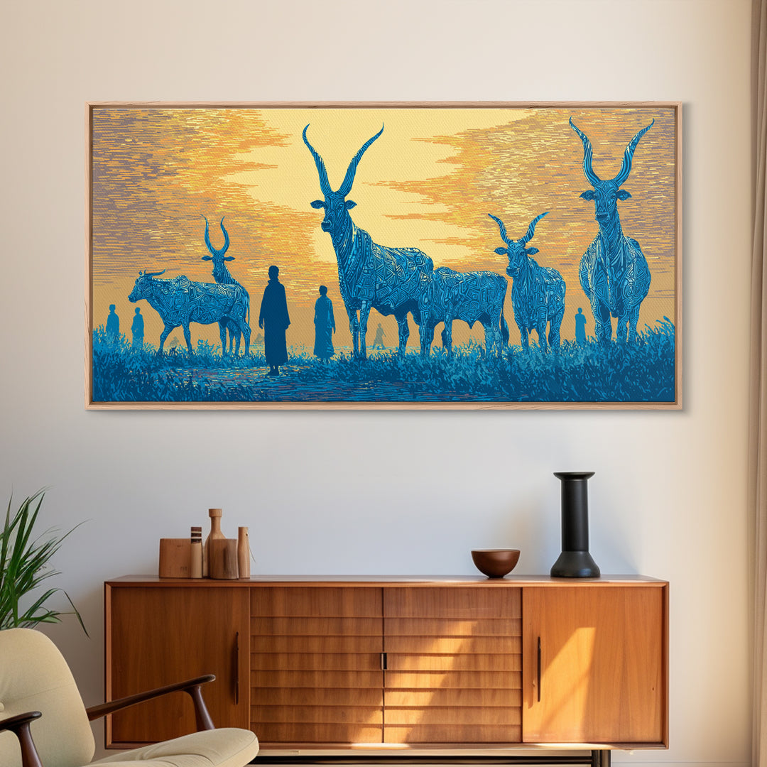 Blue Watusi Cattle Sunset Wall Art, African Safari Art Canvas Print, African Landscape, Rustic Living Room Decor Gift For Him