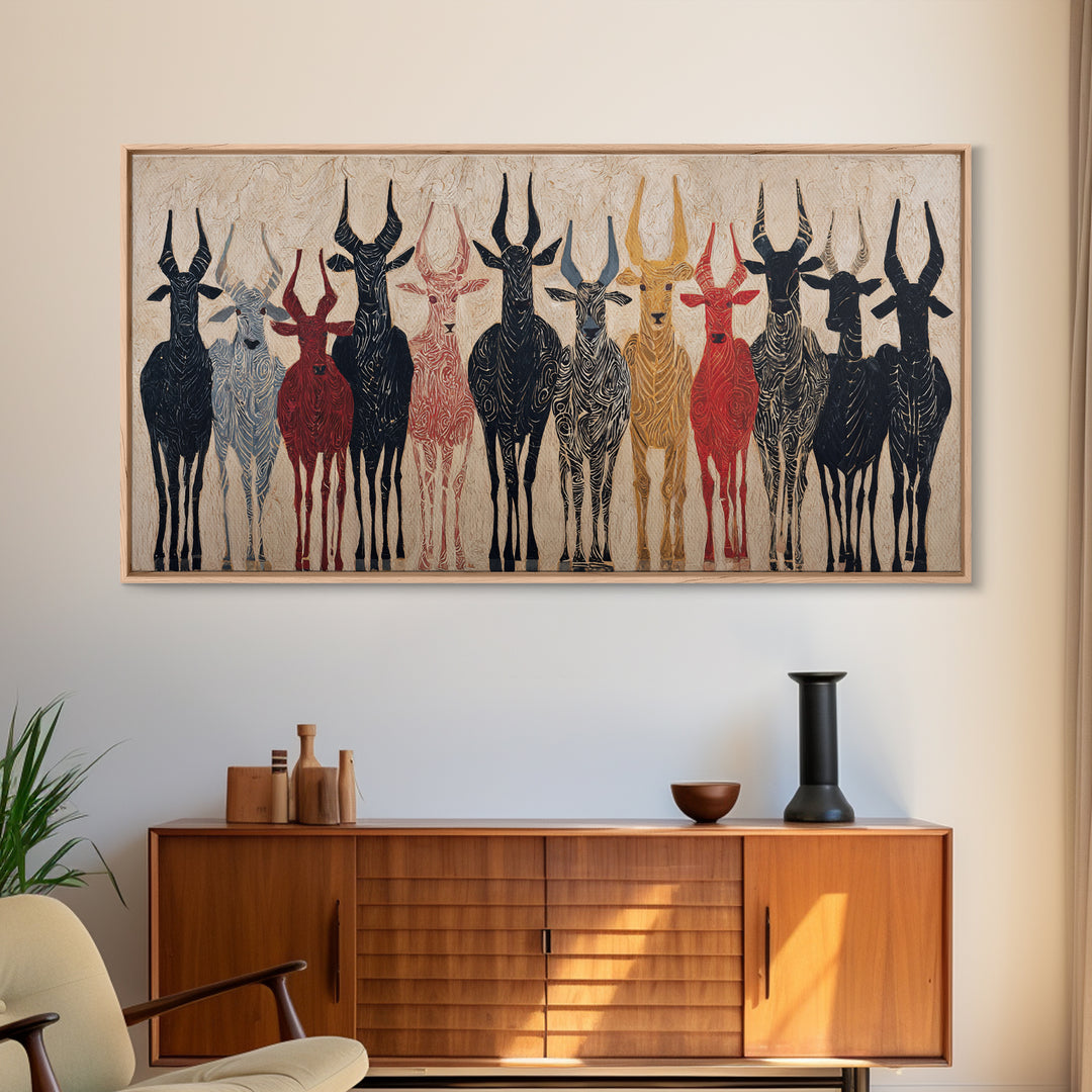 Tribal Antelope Herd Wall Art, African Tribal Art Canvas Print, Earth Tone Safari Decor, Bold Ethnic Wall Decor Gift For Home