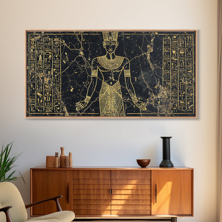 Gold Egyptian Queen Wall Art, African Egyptian Art Canvas Print, Hieroglyph Goddess Portrait, Black And Gold Home Decor Gift