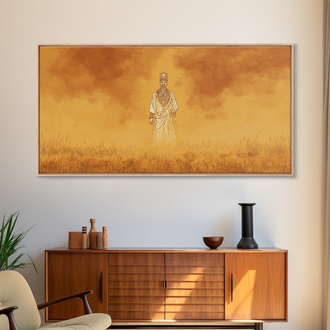 Golden African Spirit Figure Canvas Print, Mystical Savanna Landscape, Earth Tone Afrocentric Decor, Spiritual Wall Art Gift