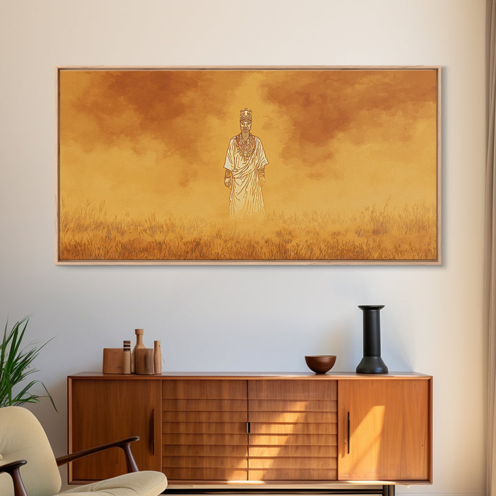 Golden African Spirit Figure Canvas Print, Mystical Savanna Landscape, Earth Tone Afrocentric Decor, Spiritual Wall Art Gift