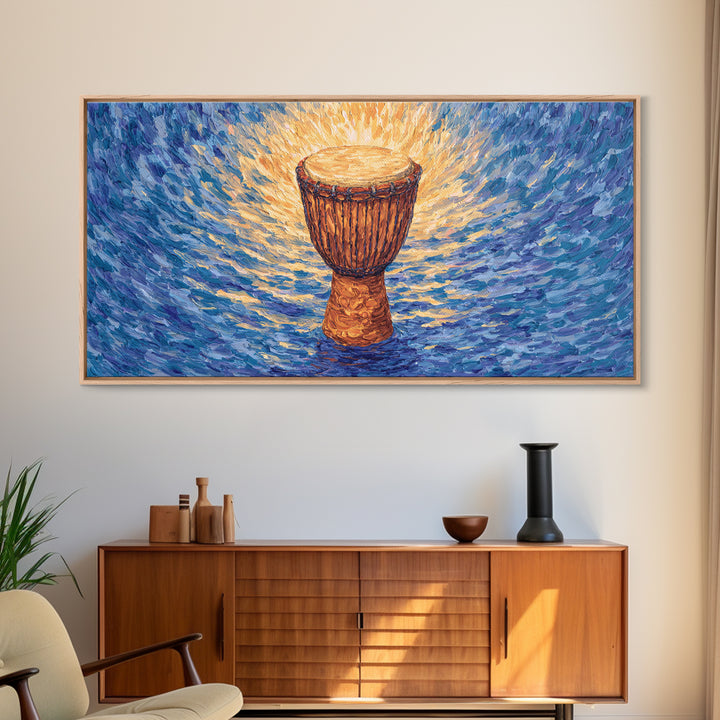 Solo Djembe Drum Framed Canvas Print, African Music Wall Art, Blue Gold Cultural Decor, Afrocentric Rhythm Gift For Living Room