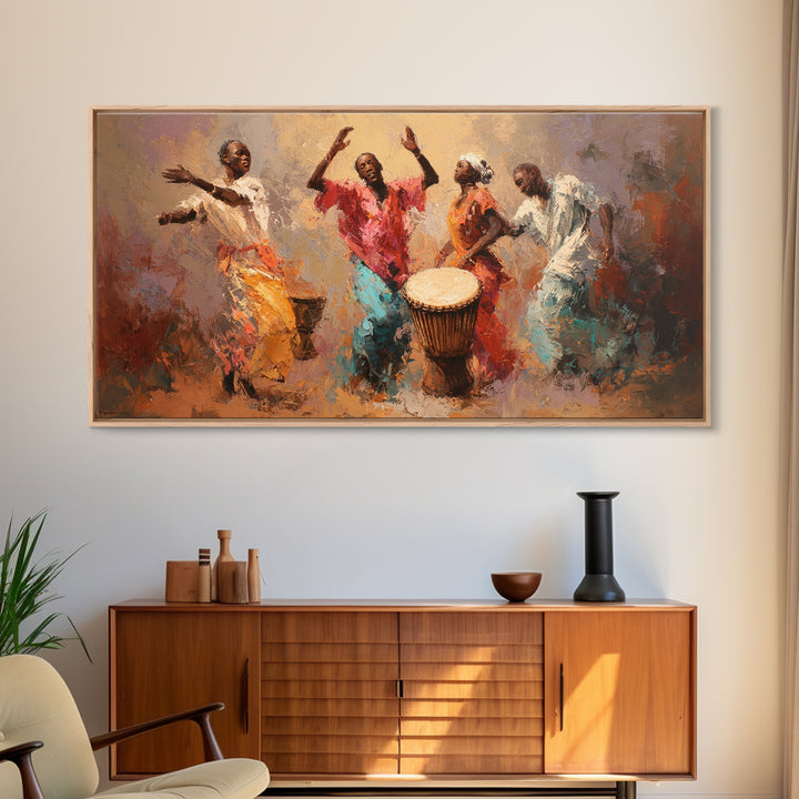Joyful African Dancers With Drum Wall Art, Abstract Afrocentric Painting, Colorful Cultural Decor, Music Room Canvas Gift