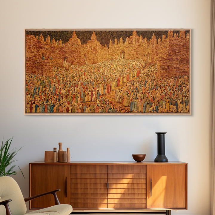 Golden West African City Crowd Canvas Print, Abstract Cultural Wall Decor, Ancient Architecture Art, Warm Earth Tone Gift