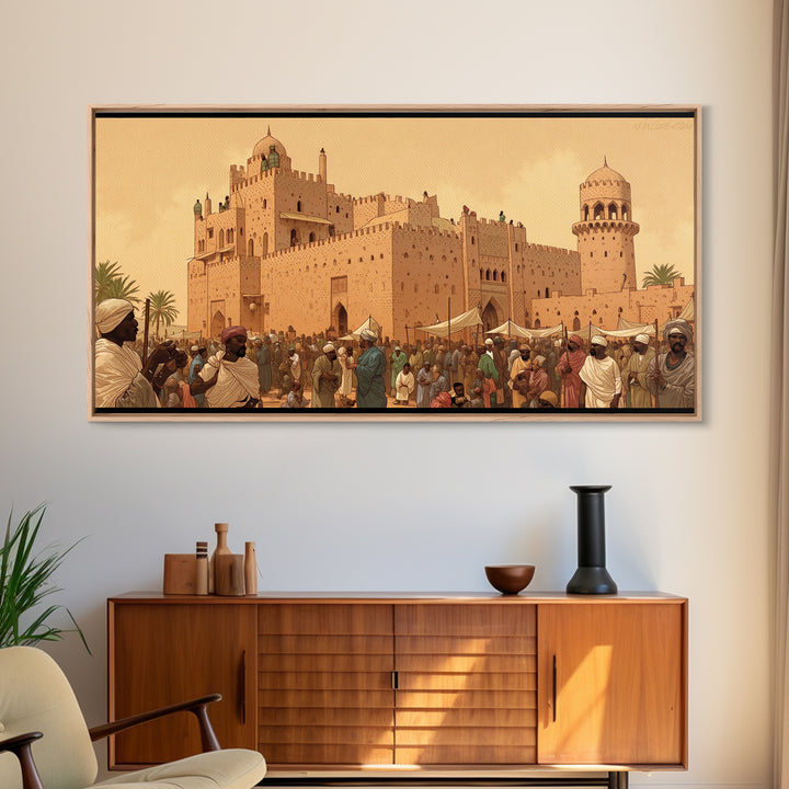 Desert Palace Market Framed Canvas Print, African Travel Wall Decor, Historic Cityscape Painting, Cultural Home Decor Gift