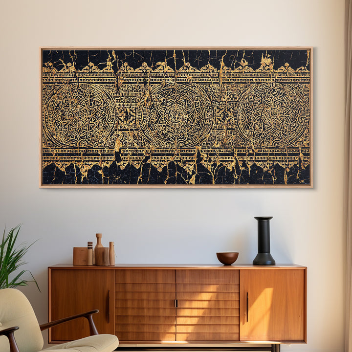 Gold Tribal Pattern Wall Art, African Abstract Textile Print, Black And Gold Decor, Boho Ethnic Home Decor Canvas Print Gift