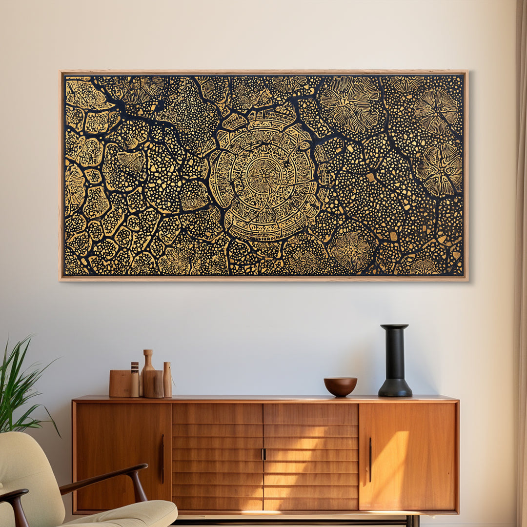 Gold African Tree Canvas Print, Abstract Tribal Map Pattern, Black And Gold Wall Decor, Boho Cultural Home Decor, Statement Wall Art