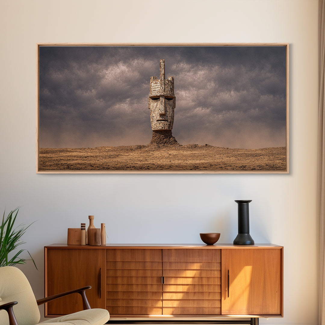 Weathered African Mask Framed Canvas Print, Desert Storm Sculpture Portrait, Tribal Wall Art, Mystical Cultural Decor Gift