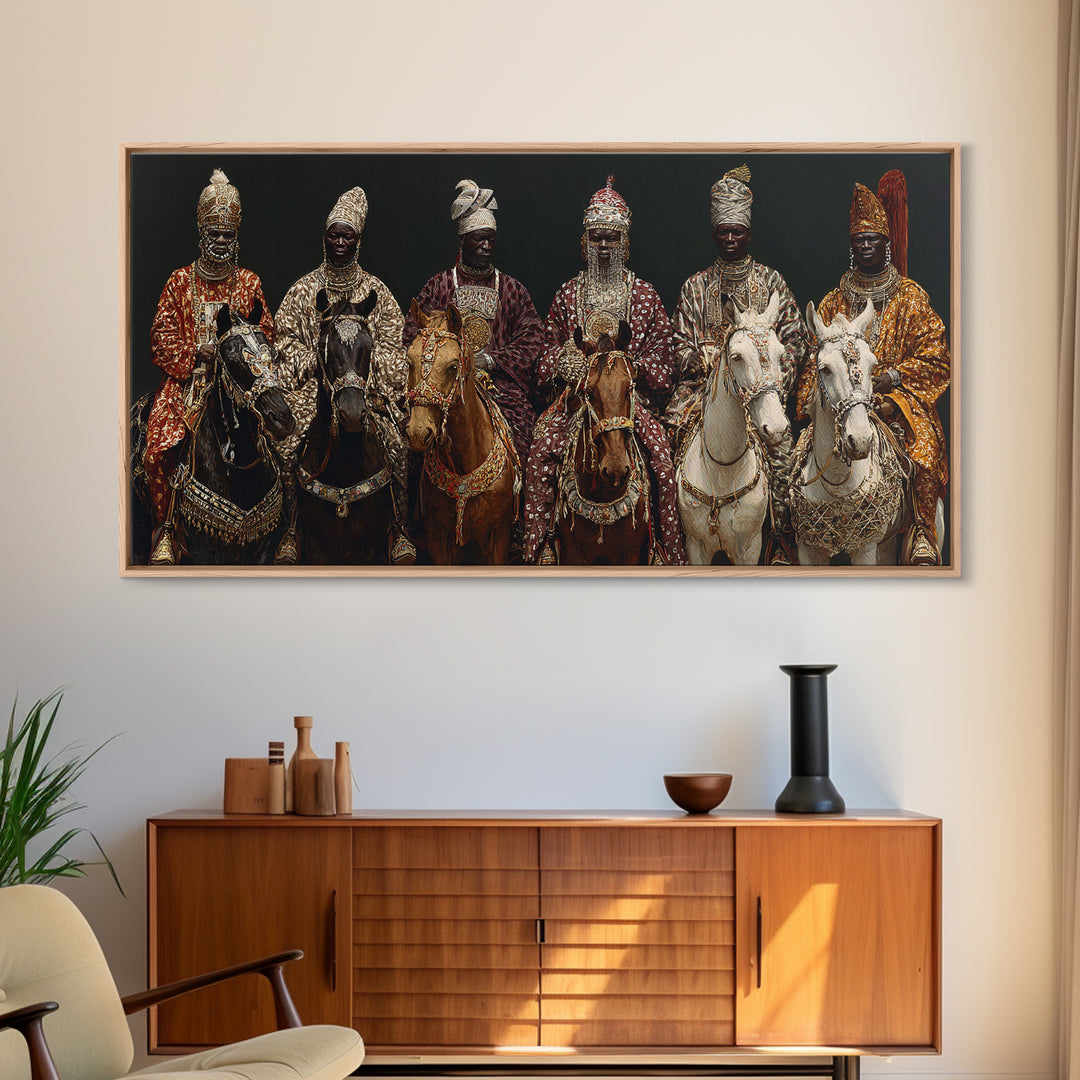 Royal African Horsemen Framed Canvas Print, Jeweled Cavalry Portrait Wall Art, Tribal Queen Decor, Luxury Home Decor Gift