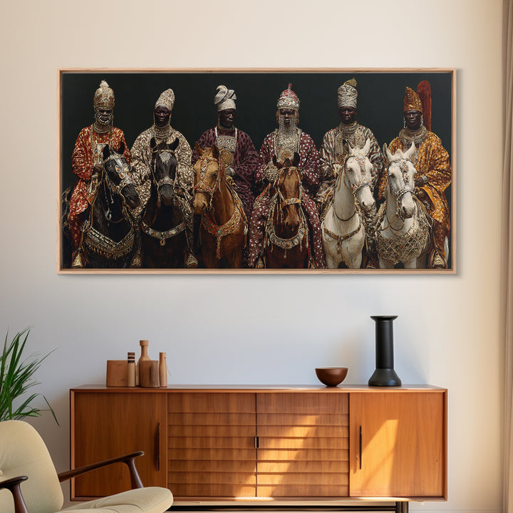 Royal African Horsemen Framed Canvas Print, Jeweled Cavalry Portrait Wall Art, Tribal Queen Decor, Luxury Home Decor Gift