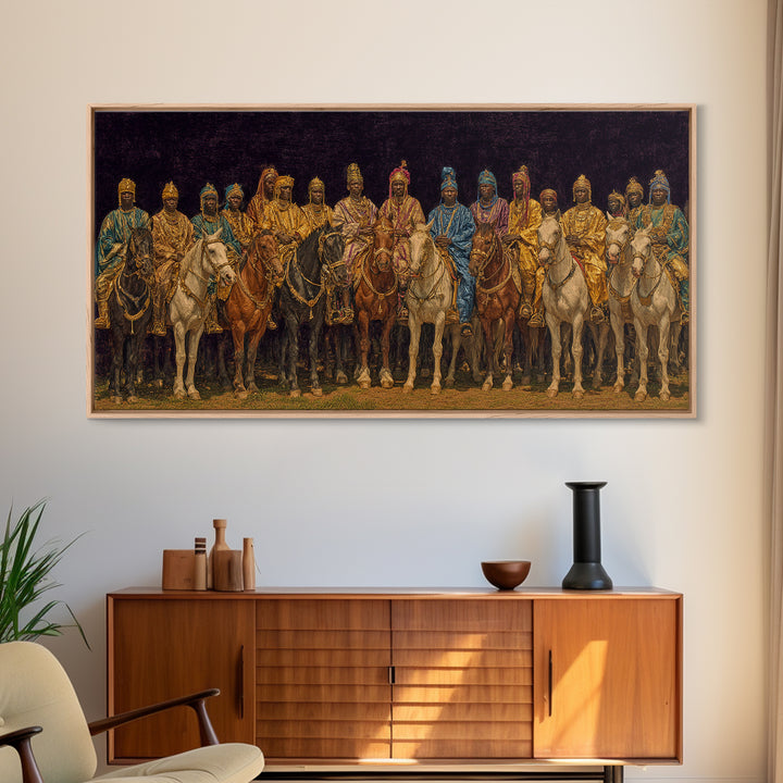 Golden African Royal Horsemen At Night Wall Art, Luxury Afrocentric Canvas Print, Traditional Tribal Decor, Statement Piece