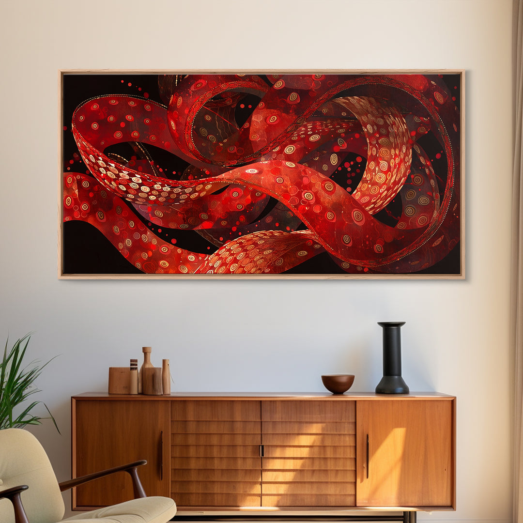 Flowing Red Ankara Fabric Ribbons Wall Art, Abstract African Patterns, Modern Textile Art Canvas Print, Bold Boho Home Decor
