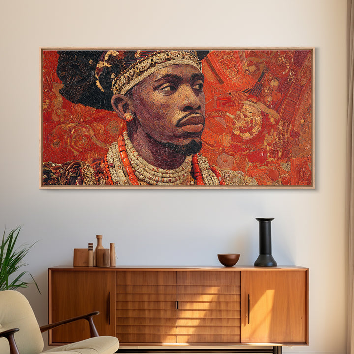 Ornate African Royal Man Portrait Framed Canvas Print, Afrocentric Black Art, Gold Jewelry Canvas, Cultural Heritage Wall Art