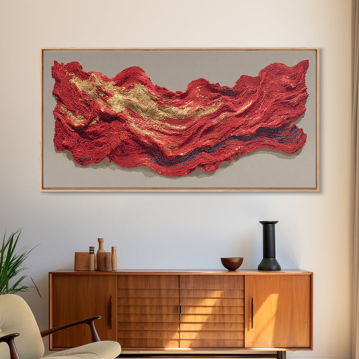 Red And Gold Beaded Wave Sculpture Wall Art, African Abstract Textile Decor, Luxury Canvas Print, Bold Contemporary Home Accent