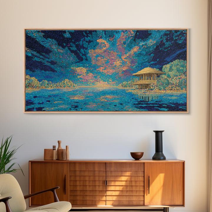 Moonlit Tropical Lagoon Hut Wall Art, Blue Coastal Landscape Canvas, Modern African Inspired Home Decor, Dreamy Living Room Art