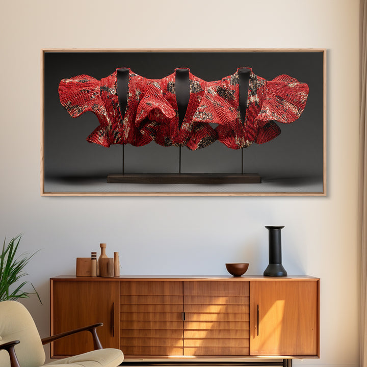 Red Ankara Textile Sculpture Framed Canvas Print, African Fabric Wall Decor, Bold Afrocentric Art For Elegant Modern Home