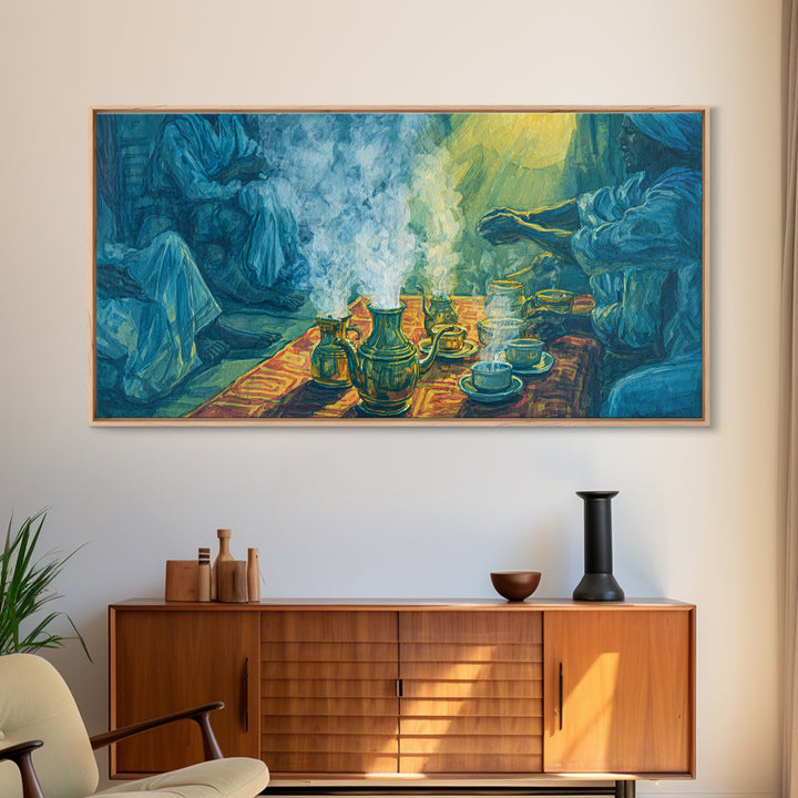 Blue Smoky Tea Ceremony Canvas Print, African Culture Art, Spiritual Wall Decor, Traditional Gathering Painting For Living Room